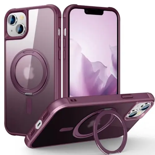 TOKVANZ Designed for iPhone 15 Plus Case with 360° Rotatable Magnetic Ring Stand [Compatible Mag-Safe] [Military Grade Protection] Translucent Matte Phone Cases for Women Men 6.7'', Wine Red 