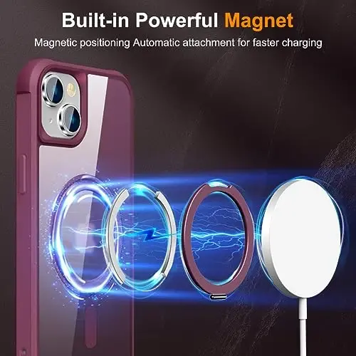 TOKVANZ Designed for iPhone 15 Plus Case with 360° Rotatable Magnetic Ring Stand [Compatible Mag-Safe] [Military Grade Protection] Translucent Matte Phone Cases for Women Men 6.7'', Wine Red - 3