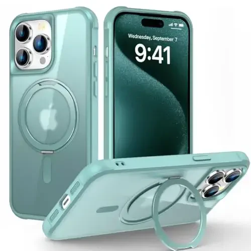 TOKVANZ Designed for iPhone 15 Pro Max Case with 360° Rotatable Magnetic Ring Stand [Compatible Mag-Safe] [Military Grade Protection] Translucent Matte Phone Cases for Women Men 6.7'', Green - TOKVANZ