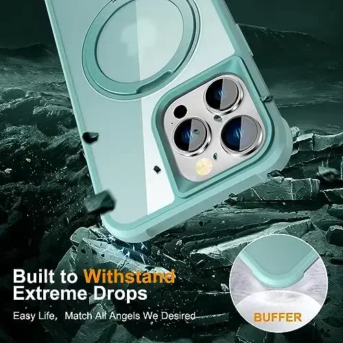 TOKVANZ Designed for iPhone 15 Pro Max Case with 360° Rotatable Magnetic Ring Stand [Compatible Mag-Safe] [Military Grade Protection] Translucent Matte Phone Cases for Women Men 6.7'', Green - 6