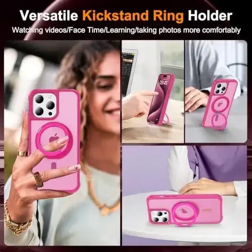 TOKVANZ Designed for iPhone 15 Pro Max Case with 360° Rotatable Magnetic Ring Stand [Compatible Mag-Safe] [Military Grade Protection] Translucent Matte Phone Cases for Women Men 6.7'', Rose Red - 4