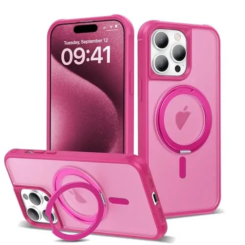 TOKVANZ Designed for iPhone 15 Pro Max Case with 360° Rotatable Magnetic Ring Stand [Compatible Mag-Safe] [Military Grade Protection] Translucent Matte Phone Cases for Women Men 6.7'', Rose Red - TOKVANZ