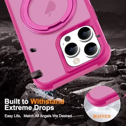 TOKVANZ для iPhone 16 Pro Case с вращающейся на 360° магнитной подставкой [Совместимость с MagSafe] [Военная степень защиты] Полупрозрачные матовые чехлы для телефона для женщин и мужчин 6.3'', Rose Red - 6