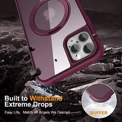 TOKVANZ for iPhone 11 Pro Max Case with 360° Rotatable Magnetic Ring Stand [Compatible Mag-Safe] [Military Grade Protection] Translucent Matte 11 Pro Max Phone Cases for Women Men 6.5'', Wine Red - 6