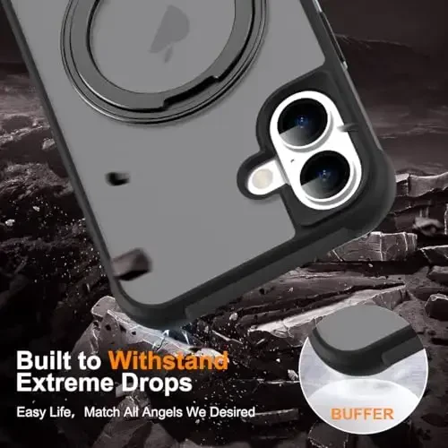 TOKVANZ for iPhone 16 Case with 360° Rotatable Magnetic Ring Stand [Compatible Mag-Safe] [Military Grade Protection] Translucent Matte Phone Cases for Women Men 6.1'', Black - 6