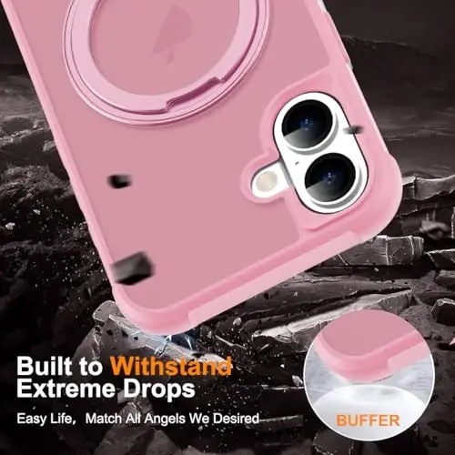 TOKVANZ for iPhone 16 Case with 360° Rotatable Magnetic Ring Stand [Compatible Mag-Safe] [Military Grade Protection] Translucent Matte Phone Cases for Women Men 6.1'', Pink - 6