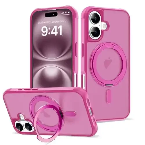 TOKVANZ for iPhone 16 Case with 360° Rotatable Magnetic Ring Stand [Compatible Mag-Safe] [Military Grade Protection] Translucent Matte Phone Cases for Women Men 6.1'', Rose Red 