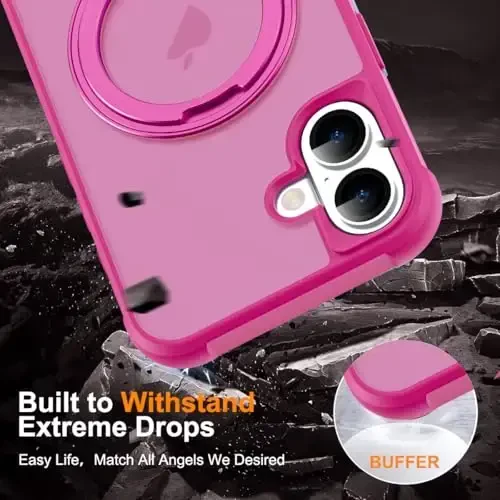 TOKVANZ for iPhone 16 Plus Case with 360° Rotatable Magnetic Ring Stand [Compatible Mag-Safe] [Military Grade Protection] Translucent Matte Phone Cases for Women Men 6.7'', Rose Red - 6