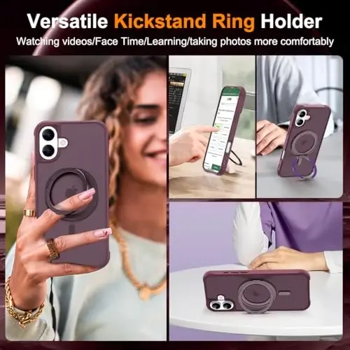 TOKVANZ for iPhone 16 Plus Case with 360° Rotatable Magnetic Ring Stand [Compatible Mag-Safe] [Military Grade Protection] Translucent Matte Phone Cases for Women Men 6.7'', Wine Red - 4