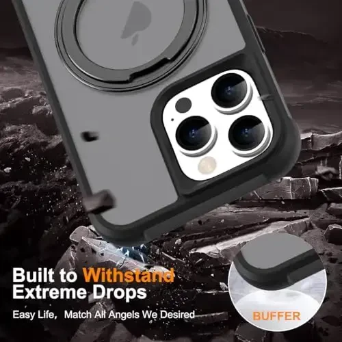 TOKVANZ for iPhone 16 Pro Case with 360° Rotatable Magnetic Ring Stand [Compatible Mag-Safe] [Military Grade Protection] Translucent Matte Phone Cases for Women Men 6.3'', Black - 6