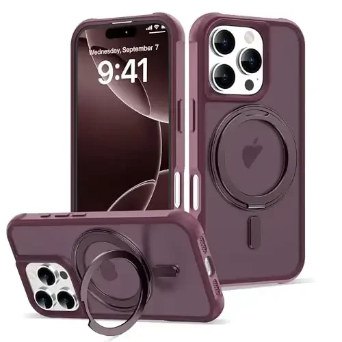 TOKVANZ for iPhone 16 Pro Case with 360° Rotatable Magnetic Ring Stand [Compatible Mag-Safe] [Military Grade Protection] Translucent Matte Phone Cases for Women Men 6.3'', Wine Red - 1