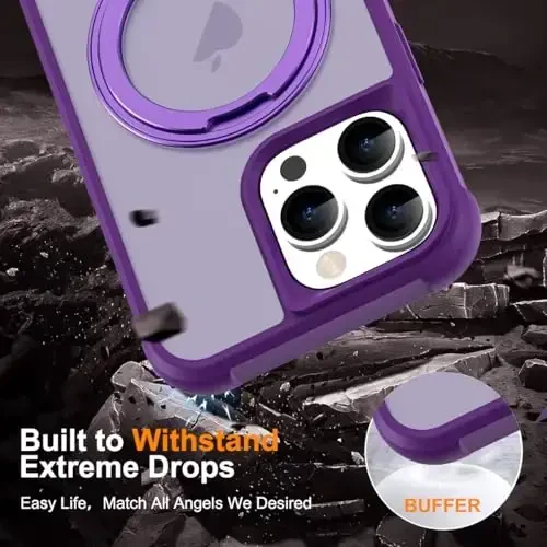 TOKVANZ for iPhone 16 Pro Case with 360° Rotatable Magnetic Ring Stand [Compatible Mag-Safe] [Military Grade Protection] Translucent Matte Phone Cases for Women Men 6.3'',Purple - 6