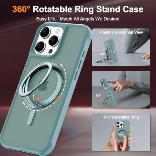 TOKVANZ for iPhone 16 Pro Max Case with 360° Rotatable Magnetic Ring Stand [Compatible Mag-Safe] [Military Grade Protection] Translucent Matte Phone Cases for Women Men 6.9'', Green - 2