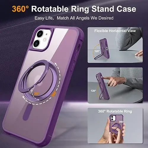TOKVANZ Designed for iPhone 11 Case with 360° Rotatable Magnetic Ring Stand [Compatible Mag-Safe] [Military Grade Protection] Translucent Matte Phone Cases for Women Men 6.1'', Purple - 2