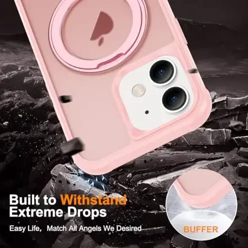 TOKVANZ Designed for iPhone 11 Case with 360° Rotatable Magnetic Ring Stand [Compatible Mag-Safe] [Military Grade Protection] Translucent Matte Phone Cases for Women Men 6.1'', Pink - 6