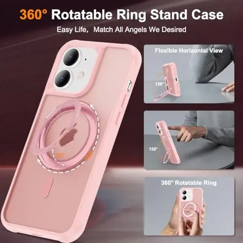 TOKVANZ Designed for iPhone 11 Case with 360° Rotatable Magnetic Ring Stand [Compatible Mag-Safe] [Military Grade Protection] Translucent Matte Phone Cases for Women Men 6.1'', Pink - 2