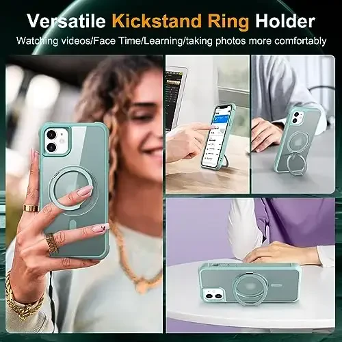 TOKVANZ Designed for iPhone 11 Case with 360° Rotatable Magnetic Ring Stand [Compatible Mag-Safe] [Military Grade Protection] Translucent Matte Phone Cases for Women Men 6.1'', Green - 4