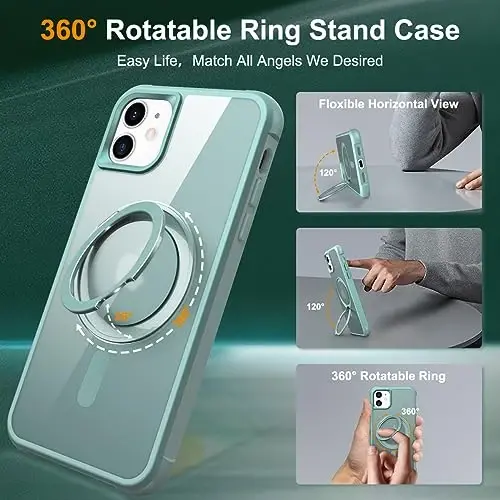 TOKVANZ Designed for iPhone 11 Case with 360° Rotatable Magnetic Ring Stand [Compatible Mag-Safe] [Military Grade Protection] Translucent Matte Phone Cases for Women Men 6.1'', Green - 2