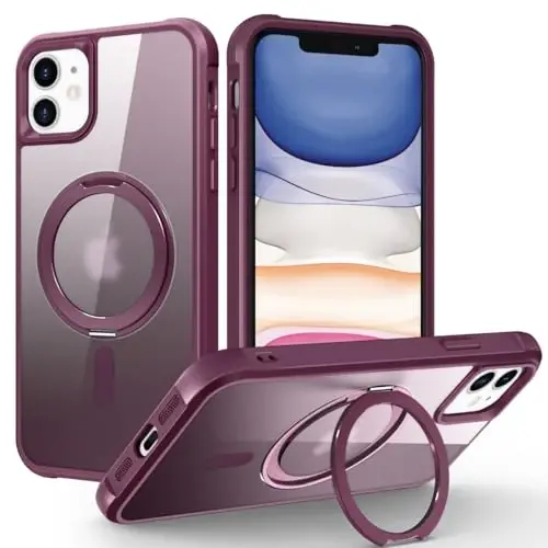 TOKVANZ Designed for iPhone 11 Case with 360° Rotatable Magnetic Ring Stand [Compatible Mag-Safe] [Military Grade Protection] Translucent Matte Phone Cases for Women Men 6.1'', Wine Red - 1