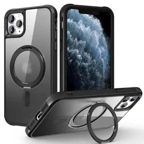 TOKVANZ Designed for iPhone 11 Pro Max Case with 360° Rotatable Magnetic Ring Stand [Compatible Mag-Safe] [Military Grade Protection] Translucent Matte Phone Cases for Women Men 6.5'', Black - 1
