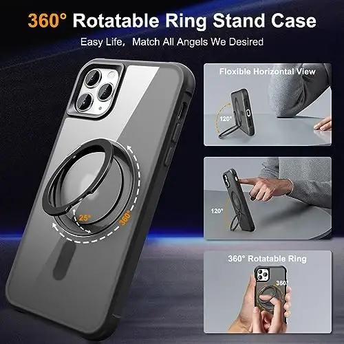 TOKVANZ Designed for iPhone 11 Pro Max Case with 360° Rotatable Magnetic Ring Stand [Compatible Mag-Safe] [Military Grade Protection] Translucent Matte Phone Cases for Women Men 6.5'', Black - 2