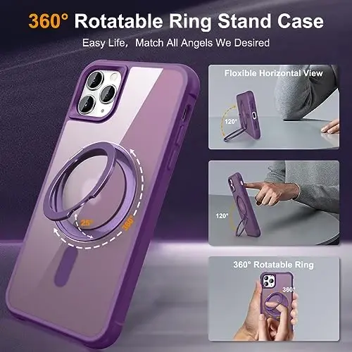 TOKVANZ Designed for iPhone 11 Pro Max Case with 360° Rotatable Magnetic Ring Stand [Compatible Mag-Safe] [Military Grade Protection] Translucent Matte Phone Cases for Women Men 6.5'', Purple - TOKVANZ (1)