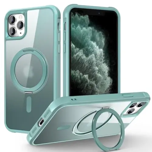 TOKVANZ Designed for iPhone 11 Pro Max Case with 360° Rotatable Magnetic Ring Stand [Compatible Mag-Safe] [Military Grade Protection] Translucent Matte Phone Cases for Women Men 6.5'', Green - TOKVANZ