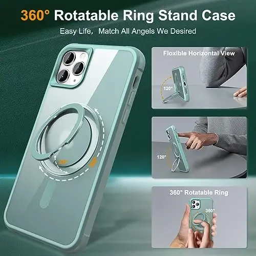 TOKVANZ Designed for iPhone 11 Pro Max Case with 360° Rotatable Magnetic Ring Stand [Compatible Mag-Safe] [Military Grade Protection] Translucent Matte Phone Cases for Women Men 6.5'', Green - 2