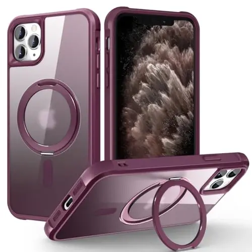 TOKVANZ iPhone 11 Pro Max uchun 360° aylanuvchi magnit halqali stendli gʻilof [Mag-Safe mos] [Harbiy darajadagi himoya] Shaffof matli 11 Pro Max ayollar va erkaklar uchun telefon gʻiloflari 6,5 dyuym, toʻq qizil - TOKVANZ