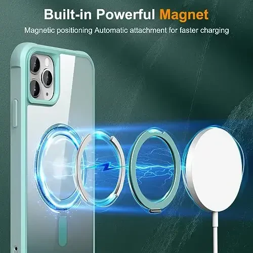 TOKVANZ iPhone 11 Pro Max uchun 360° aylanuvchi magnitli halqali stendli g'ilof [Mag-Safe mos] [Harbiy darajadagi himoya] Ayollar va erkaklar uchun shaffof matli telefon g'iloflari 6,5'', Yashil - 3