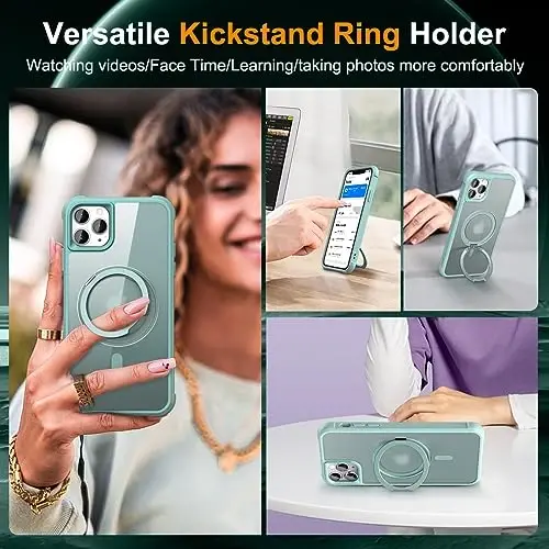 TOKVANZ iPhone 11 Pro Max uchun 360° aylanuvchi magnitli halqali stendli g'ilof [Mag-Safe mos] [Harbiy darajadagi himoya] Ayollar va erkaklar uchun shaffof matli telefon g'iloflari 6,5'', Yashil - 4