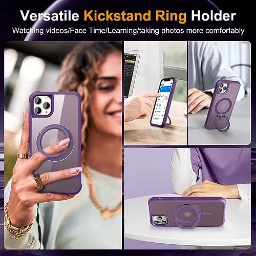 TOKVANZ iPhone 11 Pro Max uchun mo'ljallangan g'ilof 360° aylanadigan magnit halqali stend bilan [Mag-Safe mos] [Harbiy darajadagi himoya] Ayollar va erkaklar uchun yarim shaffof matli telefon g'iloflari 6,5'', binafsha - 4