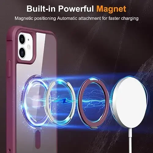 TOKVANZ iPhone 11 uchun mo'ljallangan 360° aylanadigan magnit halqali stendli g'ilof [Mag-Safe mos] [Harbiy darajadagi himoya] Ayollar va erkaklar uchun yarim shaffof mat telefon g'iloflari 6.1'', vino rangi - 3
