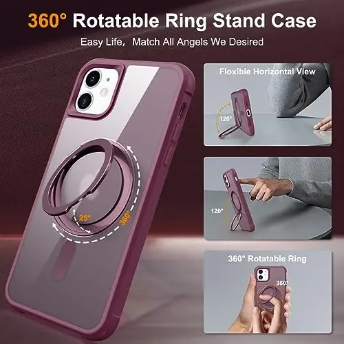 TOKVANZ iPhone 11 uchun mo'ljallangan 360° aylanadigan magnit halqali stendli g'ilof [Mag-Safe mos] [Harbiy darajadagi himoya] Ayollar va erkaklar uchun yarim shaffof mat telefon g'iloflari 6.1'', vino rangi - 2