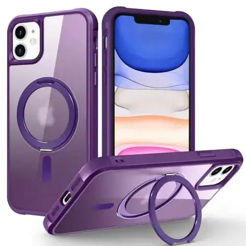 TOKVANZ iPhone 11 uchun mo'ljallangan 360° aylanuvchi magnitli halqali stendli g'ilof [Mag-Safe bilan mos] [Harbiy darajadagi himoya] Ayollar va erkaklar uchun yarim shaffof matli telefon g'iloflari 6.1'', binafsha 