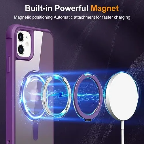TOKVANZ iPhone 11 uchun mo'ljallangan 360° aylanuvchi magnitli halqali stendli g'ilof [Mag-Safe bilan mos] [Harbiy darajadagi himoya] Ayollar va erkaklar uchun yarim shaffof matli telefon g'iloflari 6.1'', binafsha - 3