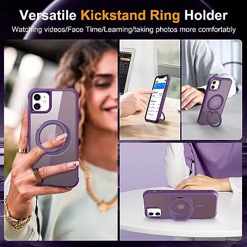 TOKVANZ iPhone 11 uchun mo'ljallangan 360° aylanuvchi magnitli halqali stendli g'ilof [Mag-Safe bilan mos] [Harbiy darajadagi himoya] Ayollar va erkaklar uchun yarim shaffof matli telefon g'iloflari 6.1'', binafsha - 4