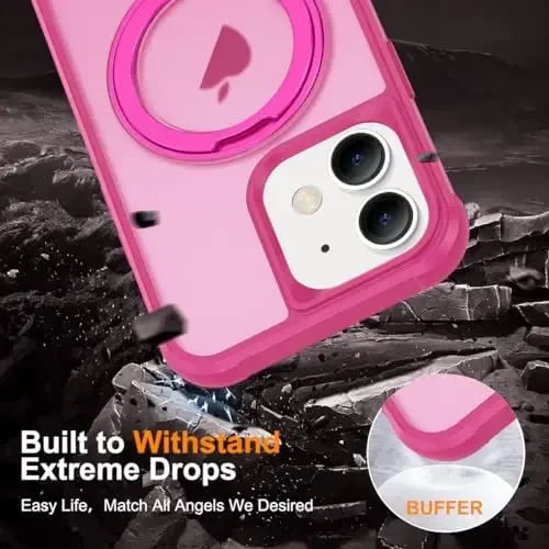 TOKVANZ iPhone 11 uchun mo'ljallangan 360° aylanuvchi magnitli halqali stendli g'ilof [Mag-Safe mos] [Harbiy darajadagi himoya] Shaffof matli telefon g'iloflari ayollar va erkaklar uchun 6,1'', och qizil - 6