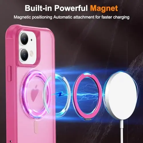 TOKVANZ iPhone 11 uchun mo'ljallangan 360° aylanuvchi magnitli halqali stendli g'ilof [Mag-Safe mos] [Harbiy darajadagi himoya] Shaffof matli telefon g'iloflari ayollar va erkaklar uchun 6,1'', och qizil - 3