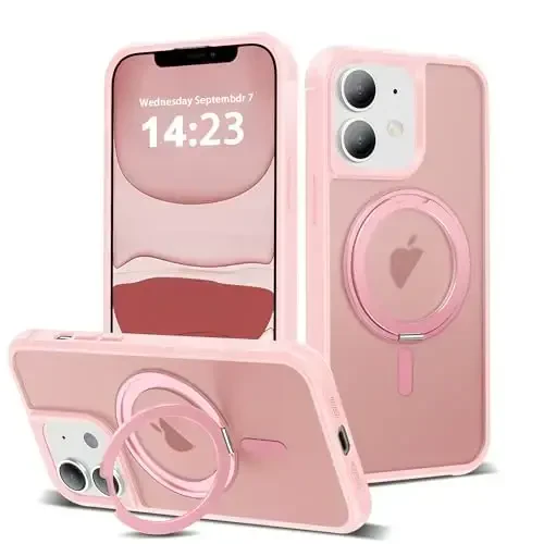 TOKVANZ iPhone 11 uchun mo'ljallangan g'ilof 360° aylanadigan magnit halqali stend bilan [Mag-Safe bilan mos] [Harbiy darajadagi himoya] Ayollar va erkaklar uchun yarim shaffof mat telefon g'iloflari 6.1'', pushti 