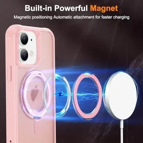 TOKVANZ iPhone 11 uchun mo'ljallangan g'ilof 360° aylanadigan magnit halqali stend bilan [Mag-Safe bilan mos] [Harbiy darajadagi himoya] Ayollar va erkaklar uchun yarim shaffof mat telefon g'iloflari 6.1'', pushti - 3