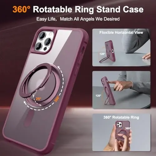 TOKVANZ Designed for iPhone 12/12 Pro Case with 360° Rotatable Magnetic Ring Stand [Compatible Mag-Safe] [Military Grade Protection] Translucent Matte Phone Cases for Women Men 6.1'', Wine Red - 2