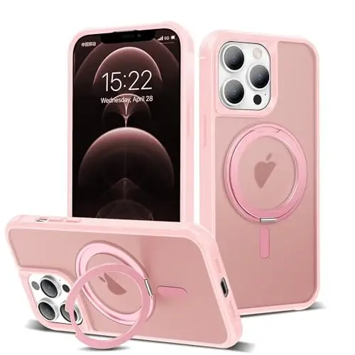 TOKVANZ Designed for iPhone 12/12 Pro Case with 360° Rotatable Magnetic Ring Stand [Compatible Mag-Safe] [Military Grade Protection] Translucent Matte Phone Cases for Women Men 6.1'', Pink - 1