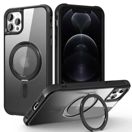 TOKVANZ Designed for iPhone 12/12 Pro Case with 360° Rotatable Magnetic Ring Stand [Compatible Mag-Safe] [Military Grade Protection] Translucent Matte Phone Cases for Women Men 6.1'', Black - 1