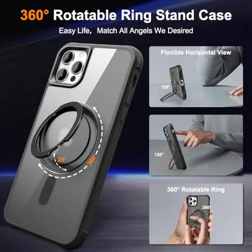 TOKVANZ Designed for iPhone 12/12 Pro Case with 360° Rotatable Magnetic Ring Stand [Compatible Mag-Safe] [Military Grade Protection] Translucent Matte Phone Cases for Women Men 6.1'', Black - 2