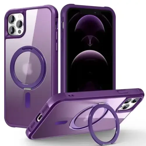 TOKVANZ Designed for iPhone 12/12 Pro Case with 360° Rotatable Magnetic Ring Stand [Compatible Mag-Safe] [Military Grade Protection] Translucent Matte Phone Cases for Women Men 6.1'', Purple - 1