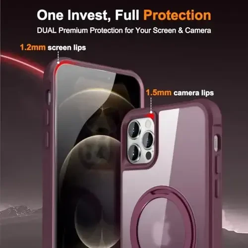 TOKVANZ iPhone 12/12 Pro uchun 360° aylanadigan magnitli halqali stendli g'ilof [Mag-Safe mos] [Harbiy darajadagi himoya] Ayollar va erkaklar uchun yarim shaffof matli telefon g'iloflari 6.1'', to'q qizil - 7