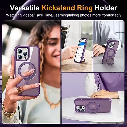 TOKVANZ Designed for iPhone 13 Pro Case with 360° Rotatable Magnetic Ring Stand [Compatible Mag-Safe] [Military Grade Protection] Translucent Matte Phone Cases for Women Men 6.1'', Purple - 4