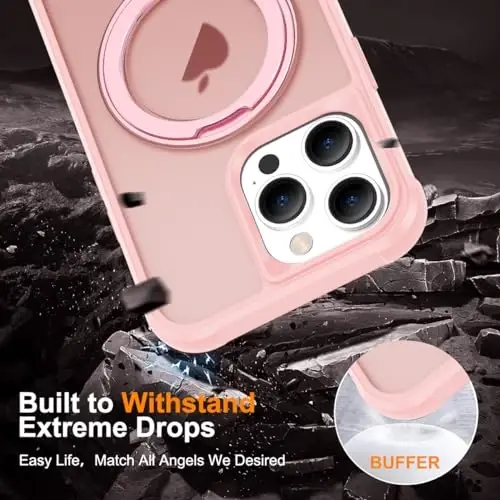 TOKVANZ Designed for iPhone 13 Pro Case with 360° Rotatable Magnetic Ring Stand [Compatible Mag-Safe] [Military Grade Protection] Translucent Matte Phone Cases for Women Men 6.1'', Pink - 6