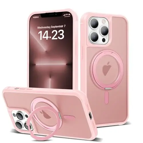 TOKVANZ iPhone 13 Pro uchun 360° aylanadigan magnit halqali stendli g‘ilof [Mag-Safe mos] [Harbiy darajadagi himoya] Ayollar va erkaklar uchun tiniq matli telefon g‘iloflari 6.1'', pushti - TOKVANZ